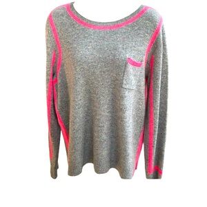 WHITE + WARREN heathered grey with neon pink, green, orange cashmere sweater, L